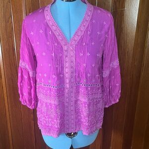 Johnny Was Fuchsia Embroidered Lace Tunic Blouse Size S Boho Luxe Cupra